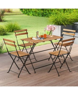 5 PCS Patio Acacia Wood Dining Set w/ 4 Folding Chairs Slatted Seat & Tabletop