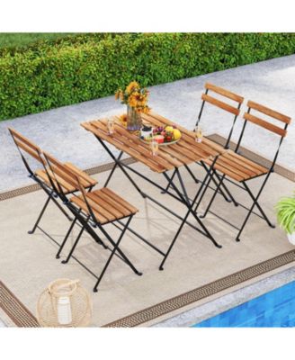 5 PCS Patio Acacia Wood Dining Set w/ 4 Folding Chairs Slatted Seat & Tabletop