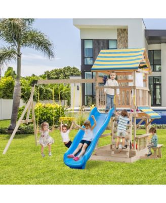 Backyard Wooden Swing Set Slide Playset for Kids Outdoor Climbing Wall Sandpit