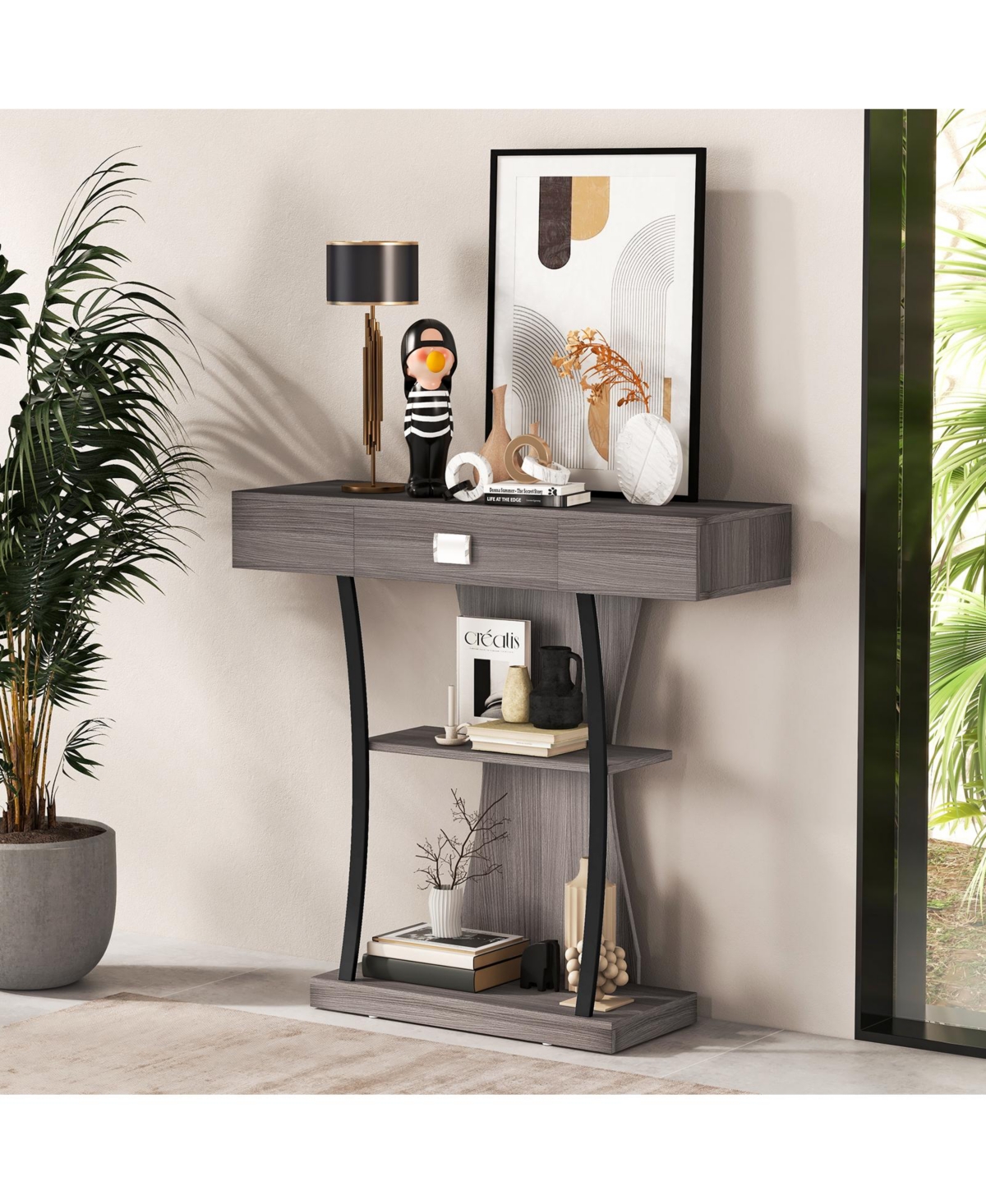 Console Table with Drawer and 2-Tier Shelves for Entryway Living Room