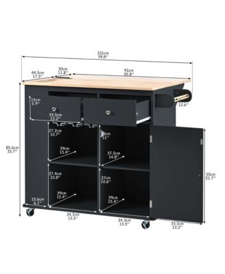 sumyeg Kitchen Island with Drop Leaf, Power Outlet, Rubber Wood Top, Rack, Open Storage, Adjustable Shelves (No Stools)