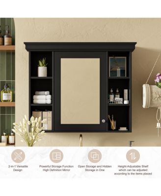 35" x 28" Wall Mounted Medicine Cabinet with Mirror Door and 6 Open Shelves, Modern Bathroom Cabinet