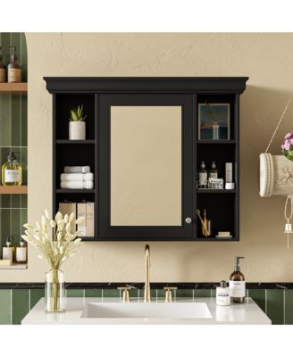 35" x 28" Wall Mounted Medicine Cabinet with Mirror Door and 6 Open Shelves, Modern Bathroom Cabinet