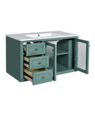 36" Wall Mounted Bathroom Vanity with Ceramic Sink and 3 Drawers, Solid Wood Frame