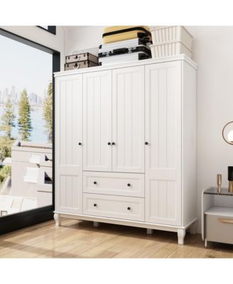 Modern Nordic style minimalist 4-door 2-drawer armoire, white wardrobe, bedroom closet