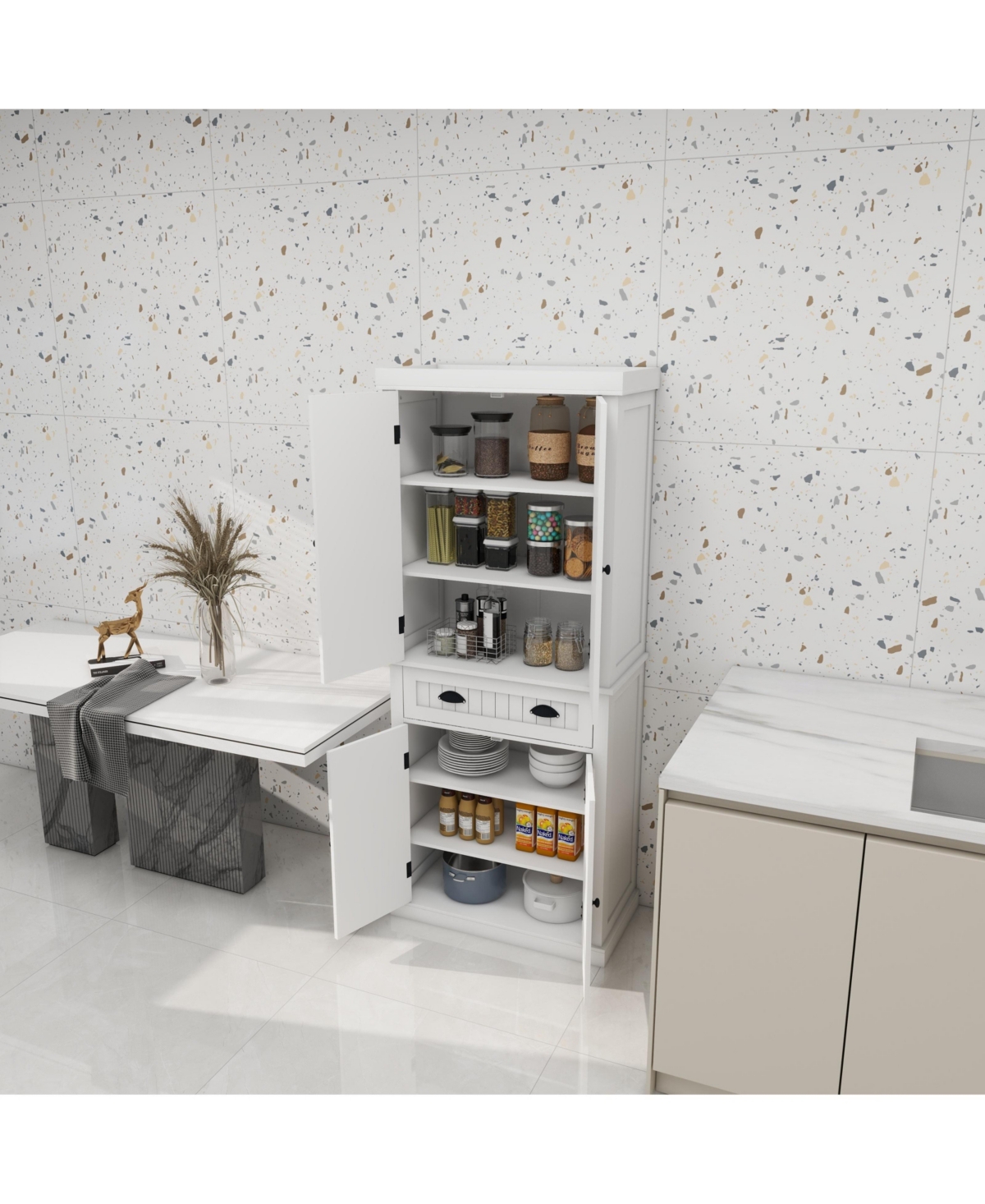 Casainc 71" Freestanding Kitchen Pantry Cabinet With 4 Doors, Drawer and Adjustable Shelves