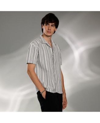 Men's Off-White & Midnight Black Striped-Weave Oversized Shirt