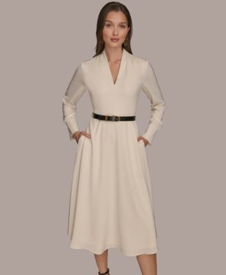 Women's Satin V-Neck Belted A-Line Midi Dress