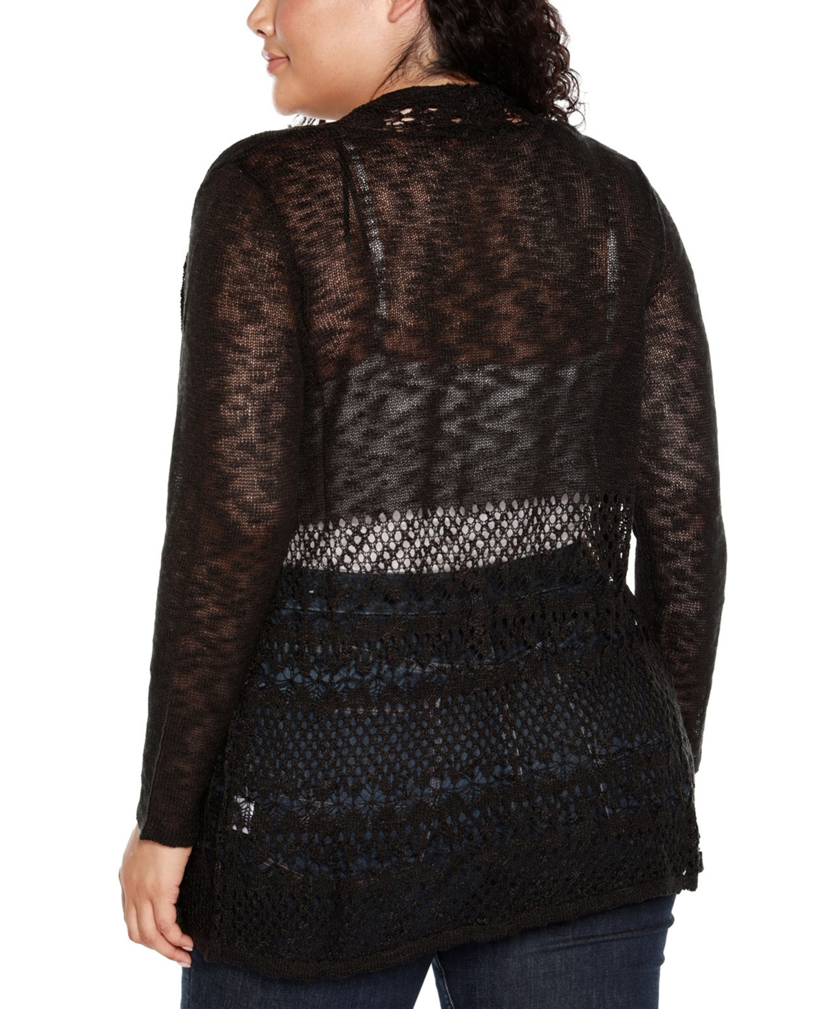 Belldini Plus Size Open-front Pointelle-trim Cardigan Sweater In Black
