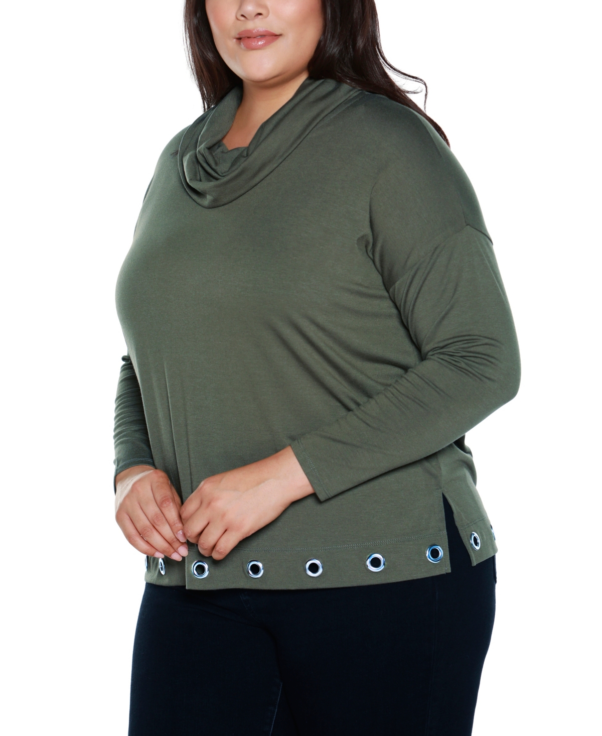 Belldini Plus Size Hacci Cowl Neck Knit Top In Green