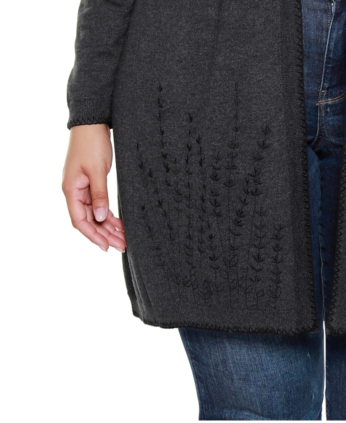 Belldini Plus Size Embroidered Open-front Cardigan Sweater In Black