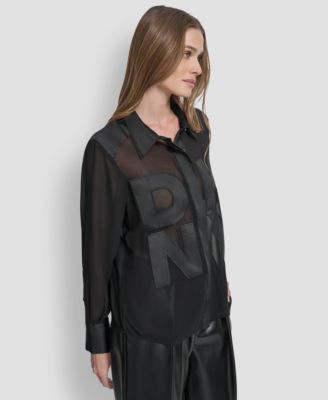 Women's Long Sleeve Chiffon Logo Button Front Top