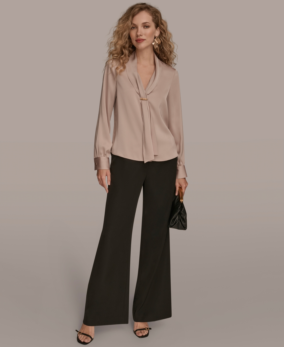 Donna Karan New York Tie Neck Satin Shirt In Brown