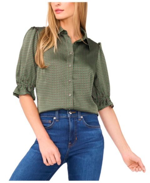 Женская рубашка CeCe Balloon Short Sleeves Button Down Shirt, цвет: Juniper