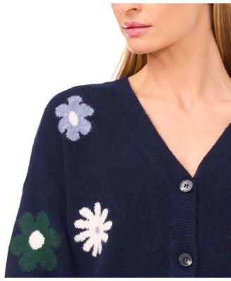 Women's Flower Pattern V-Neck Cardigan Sweater