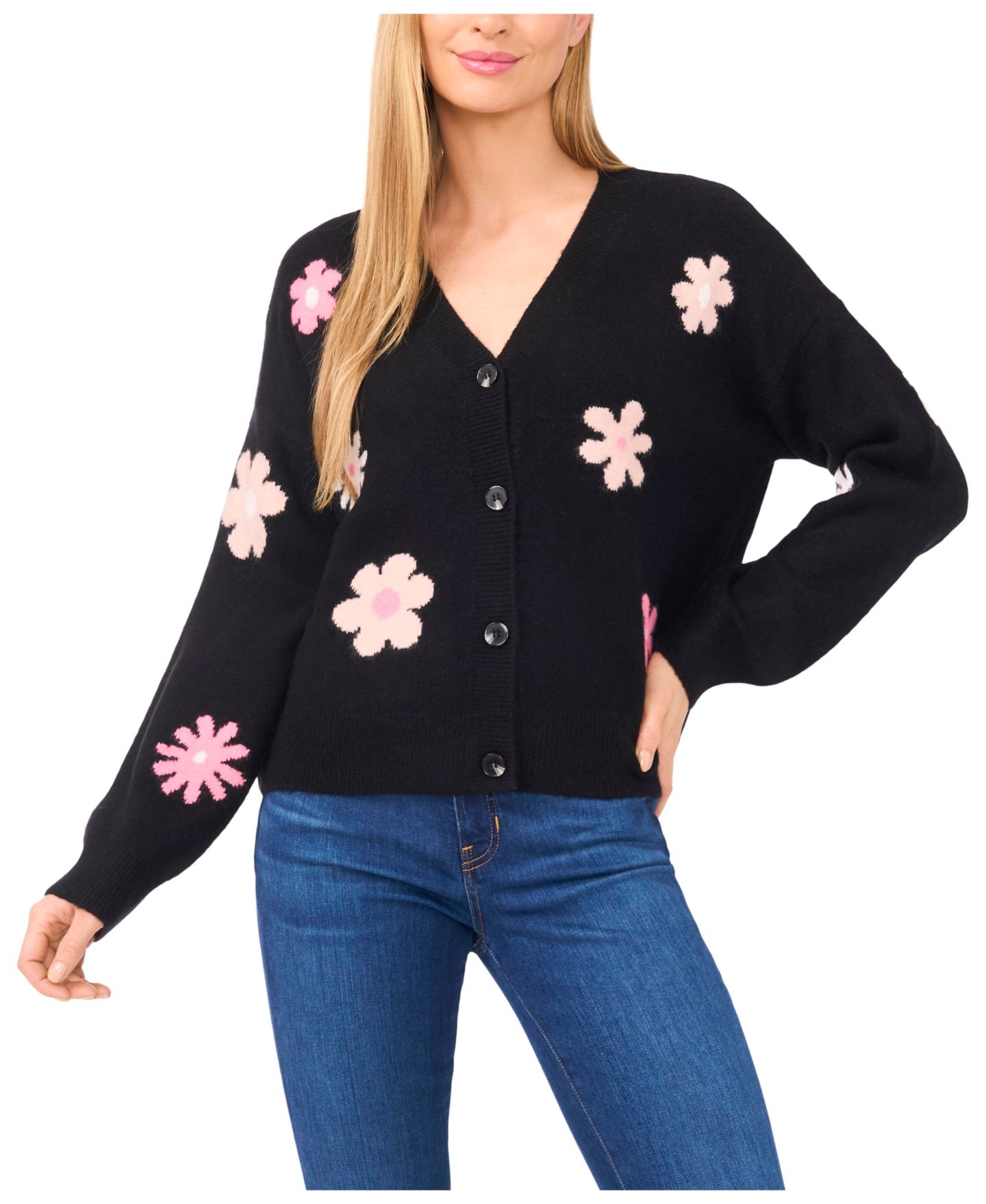 Женский кардиган CeCe Flower Pattern V-Neck Cardigan, цвет: Насыщенный чёрный — фото 1