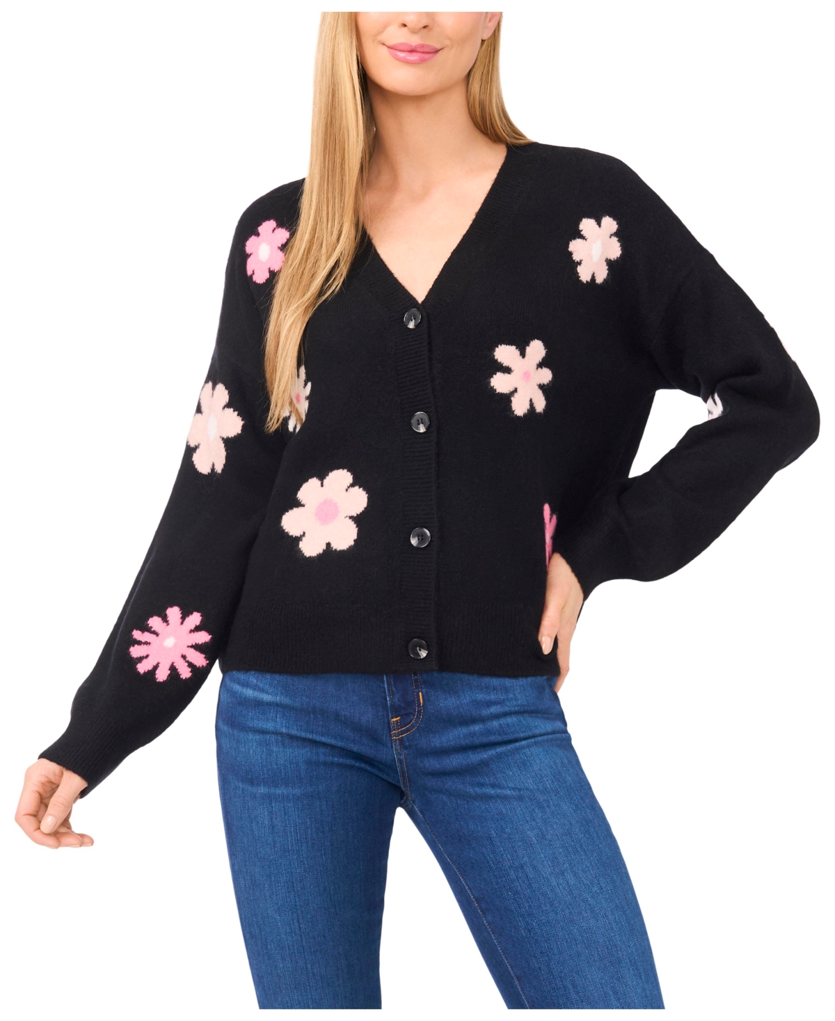 Cece Women's Flower Pattern V-neck Cardigan Sweater In Black