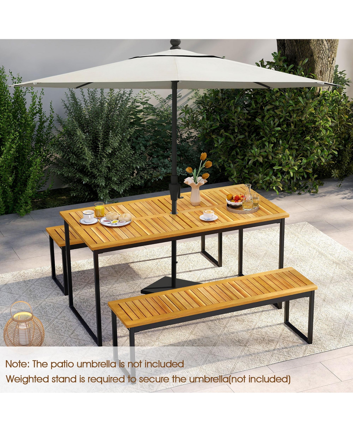 Gymax 3 Pcs Outdoor Dining Set for 6 w/Acacia Wood Tabletop Metal Frame Umbrella Hole