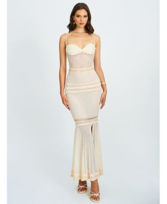 Women's Pallas Beige Lace Trim Crochet Mermaid Maxi Dress