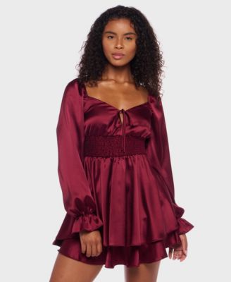 B Darlin - Juniors' Satin Tie-Neck Smocked-Waist Dress