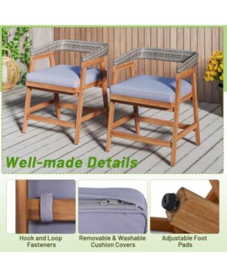 5PCS Patio Dining Set Solid Wood Furniture w/ Rattan Backrest & Seat Cushions