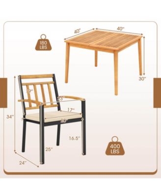 Set Of 5 Patio Acacia Wood Dining Set w/ Soft Seat Cushions Umbrella Hole for Yard