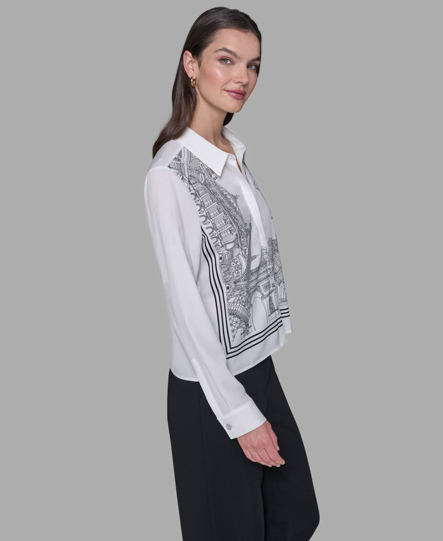 Женская блузка KARL LAGERFELD PARIS Petite Paris Scene Woven Blouse, цвет: Мягкий белый — фото 4
