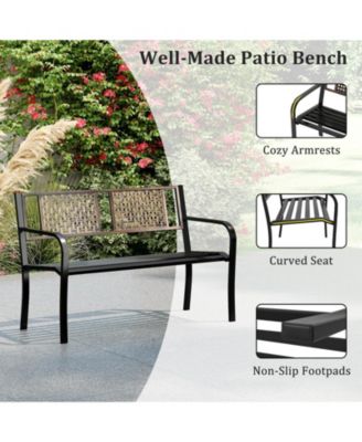 50" Outdoor Metal Park Bench with Rattan-Like Backrest & Curved Armrests