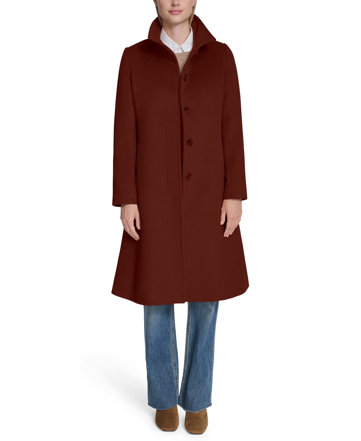 Cole Haan Womens Stand-collar Single-breasted Wool Blend Coat In Brown