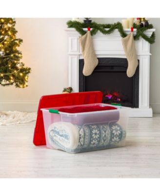 94 Quart Stackable Holiday Plastic Storage Bins with Lids and Latching Buckles, Clear/Red - 2 Pack