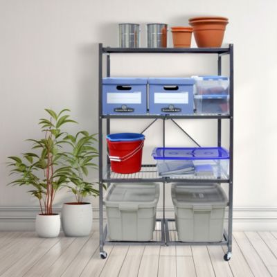 R5 Foldable 4 Tier Storage Rack w/ Wheels, Pewter, Certified Refurbished
