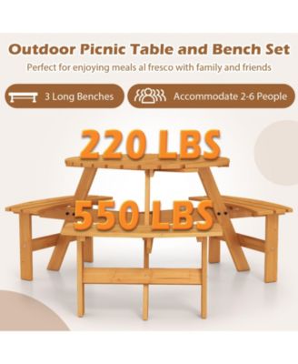 6-Person Round Picnic Table Set w/ 3 Built-in Benches 2'' Umbrella Hole