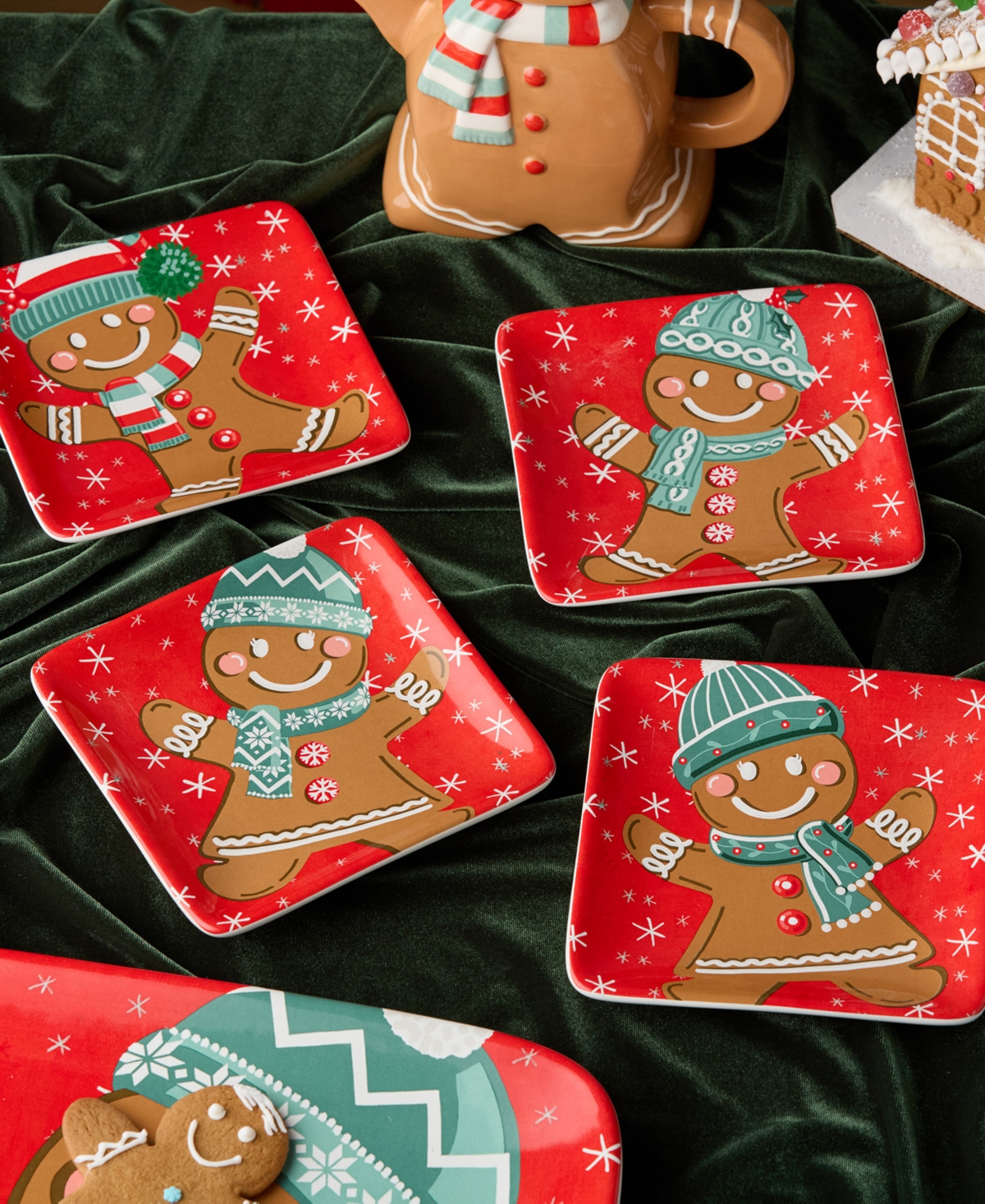 Certified International Christmas Whimsy Gingerbread Set Of 4 Canape Plates In Multi
