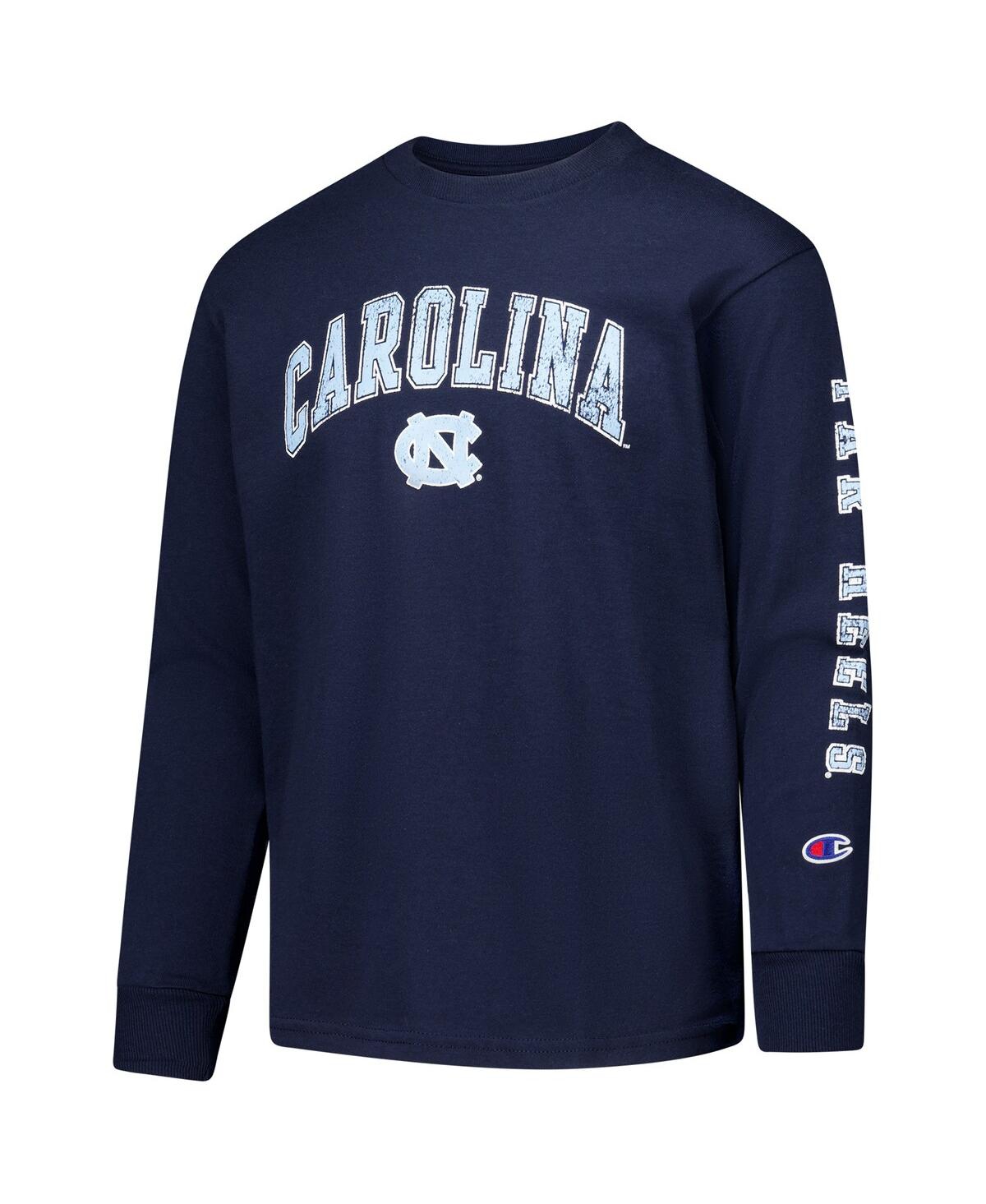 Champion Big Boys And Girls Navy North Carolina Tar Heels Distressed Arch Over Logo Long Sleeve T-shirt In Blue