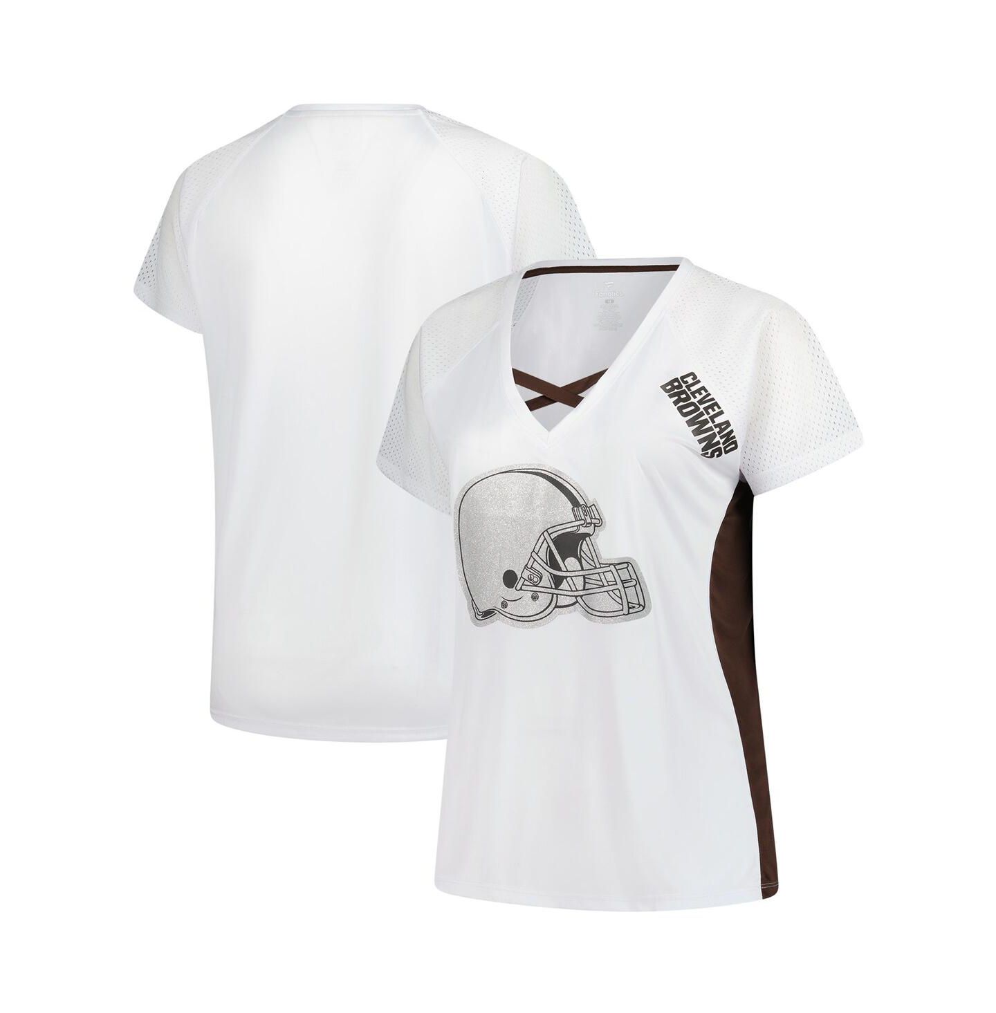 Женская футболка Fanatics White Cleveland Browns Plus Size Glitter Lace-Up V-Neck — фото 1