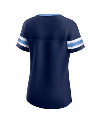 Women's&nbsp;Navy Tennessee Titans True Catch Iconic Rhinestone Bling Athena Lace-Up T-Shirt