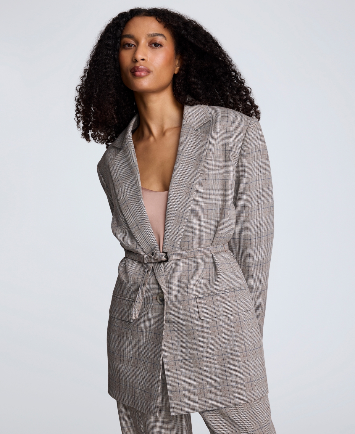 Kenneth Cole Belted Plaid One-button Blazer In Multi