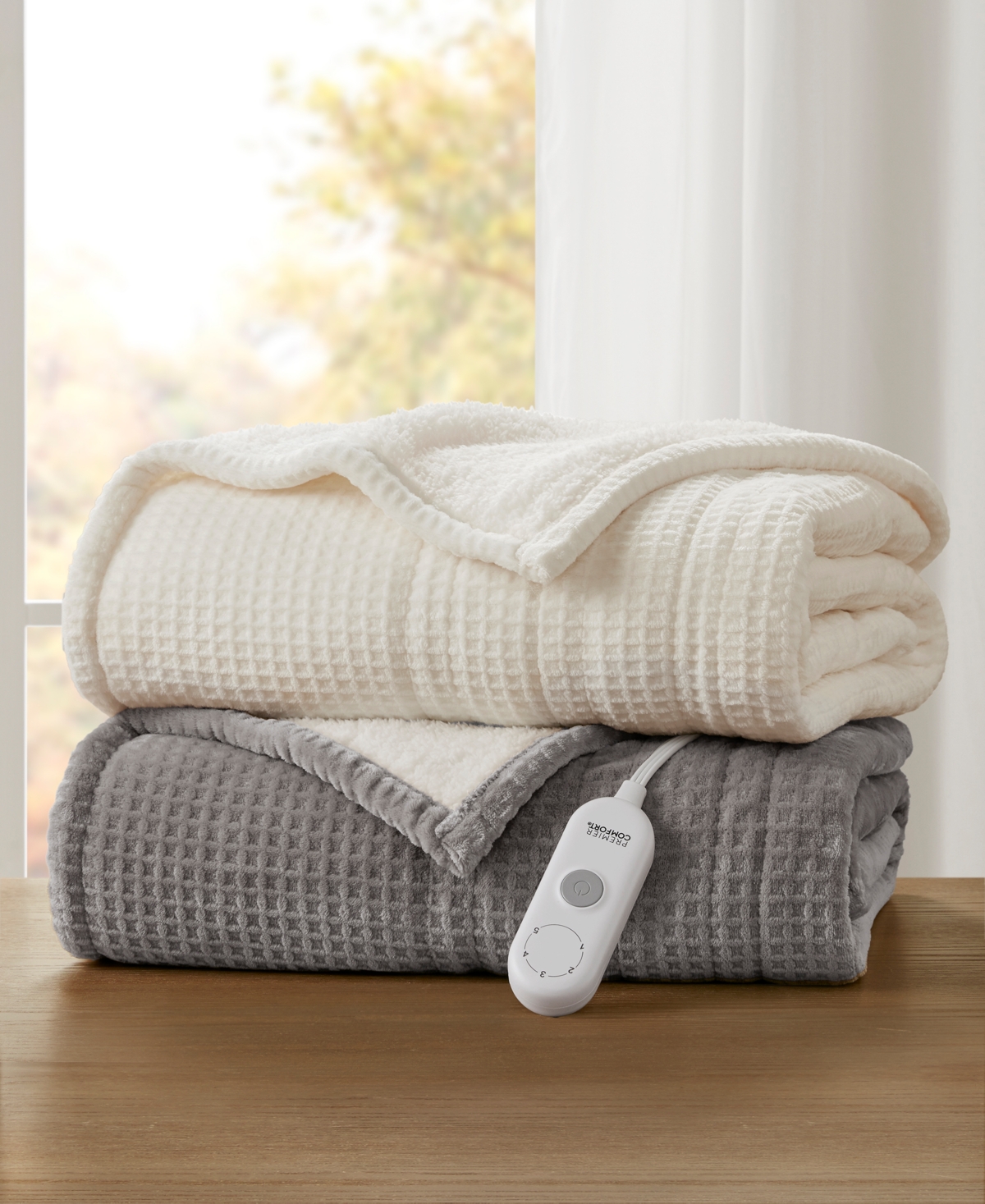 Premier Comfort Heated Waffle To Sherpa Throw, 50" X 60" In White