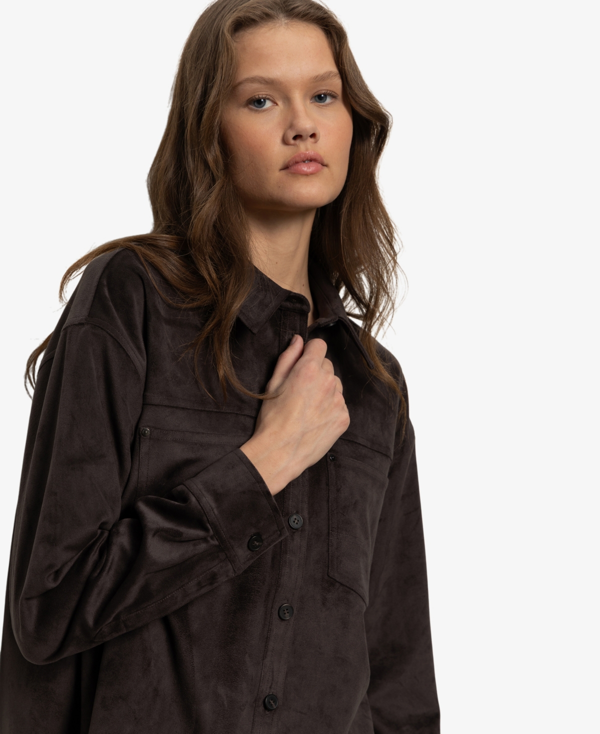 Sanctuary Ivy Faux Suede Long Sleeve Button-up Shirt In Brown