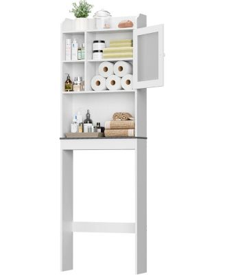 White Over The Bathroom Storage Cabinet, Freestanding Wood Space-Saving Organizer with Glass Door & Adjustable Shelves