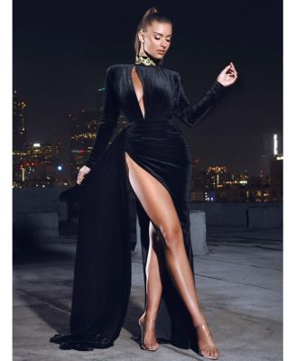 Women Zenaida Black Cutout High Slit Velvet Gown