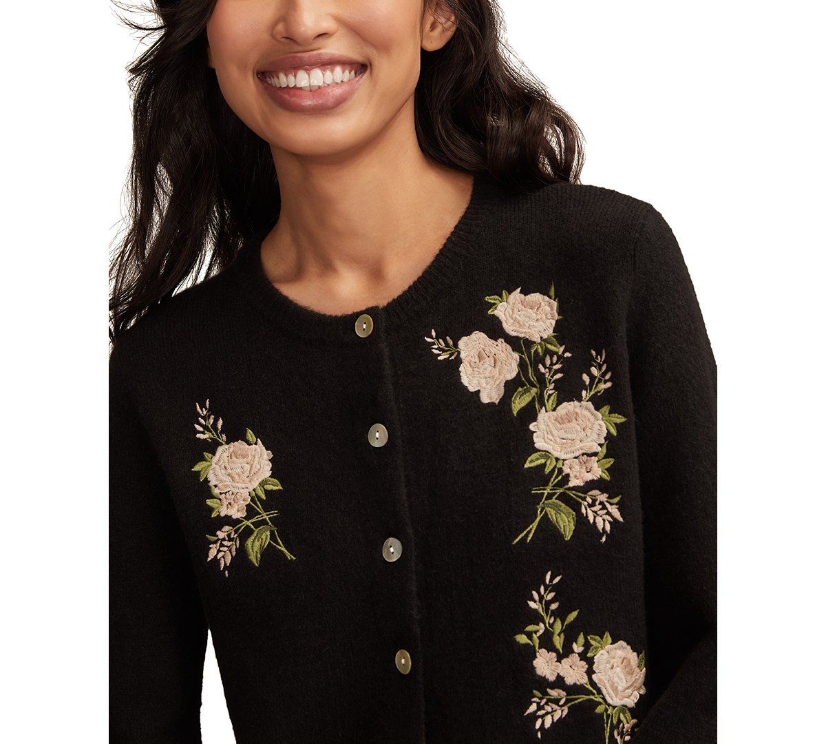 Lucky Brand Women's Cloud Soft Embroidered Crewneck Cardigan In Black
