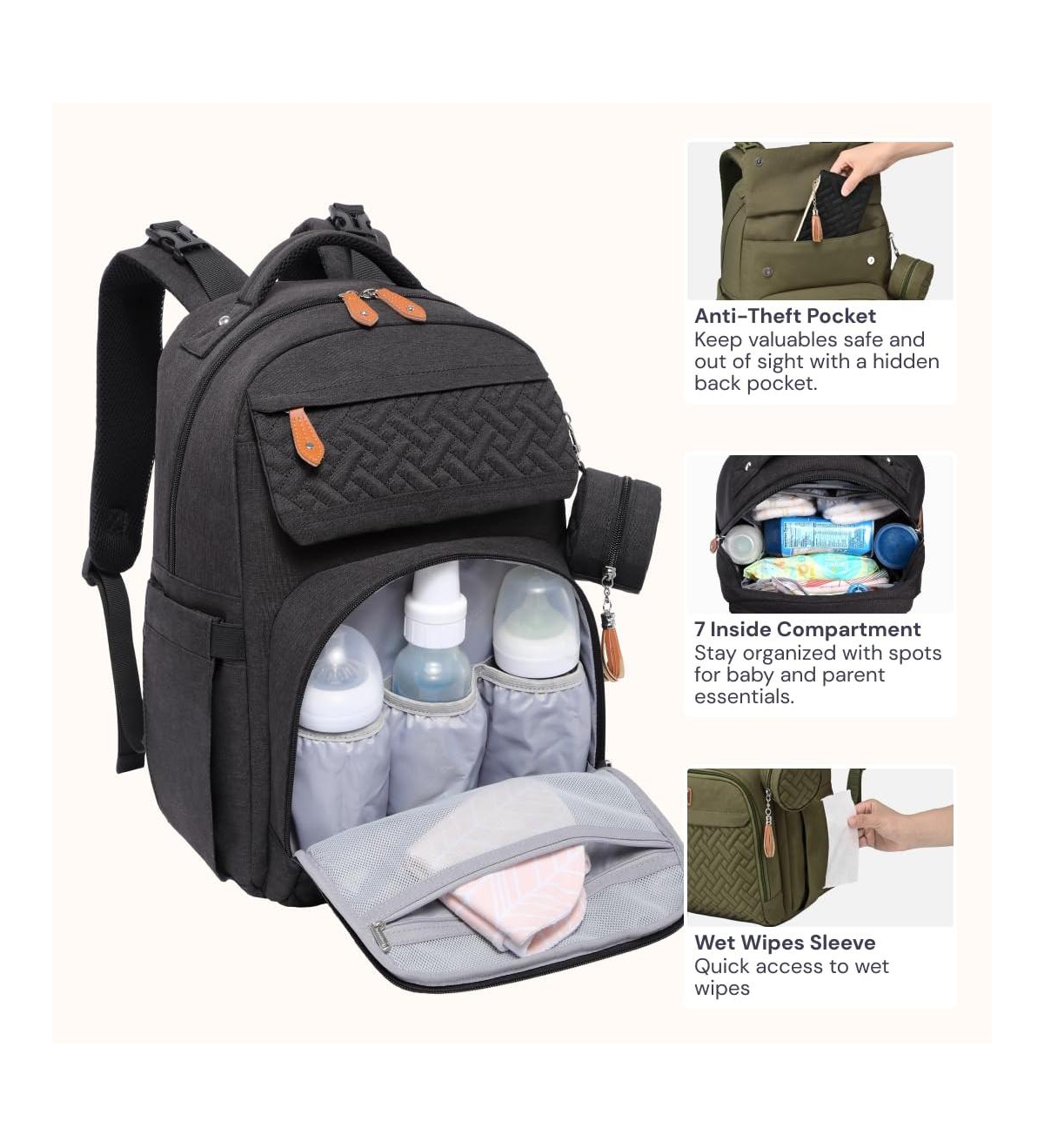BabbleRoo Kids Diaper Bag Backpack Versatile Travel Mummy with Changing Pad & Accessories, Light Gray