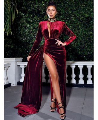 Women Zenaida Burgundy Cutout High Slit Velvet Gown