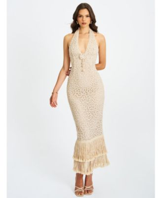 Women Faelyn Off-White Double Fringe Crochet Halter Maxi Dress