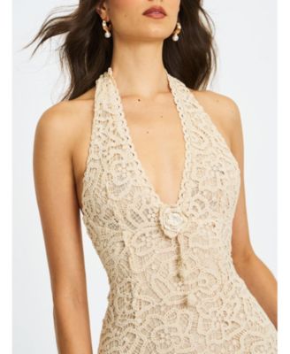 Women Faelyn Off-White Double Fringe Crochet Halter Maxi Dress