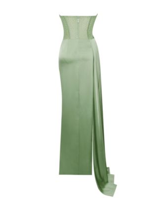 Women Holly Basil Crystallized Corset High Slit Satin Gown