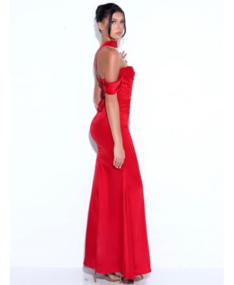 Women Ivona Red Halter Neck Double Duchess Satin Gown