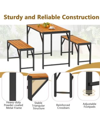 3 PCS Dining Set for 4 People Outdoor Picnic Table & 2 Benches w/ Metal Frame