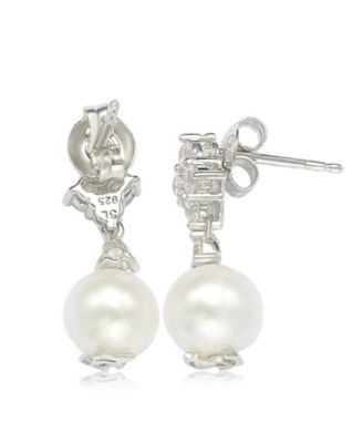 Suzy Levian Sterling Silver Pearl & White Sapphire Cluster Earrings